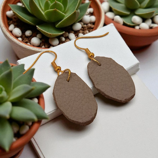 Oval veg tan leather earrings, stainless steel